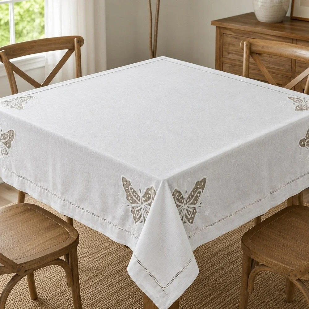 Vintage White Linen Lace Tablecloth Butterfly Embroidered Applique Square 40x40